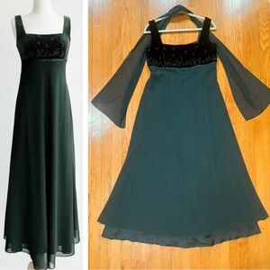 Vintage Velvet Babydoll Empire Chiffon Dress Women’s 12 Green Forest Fairy 90s